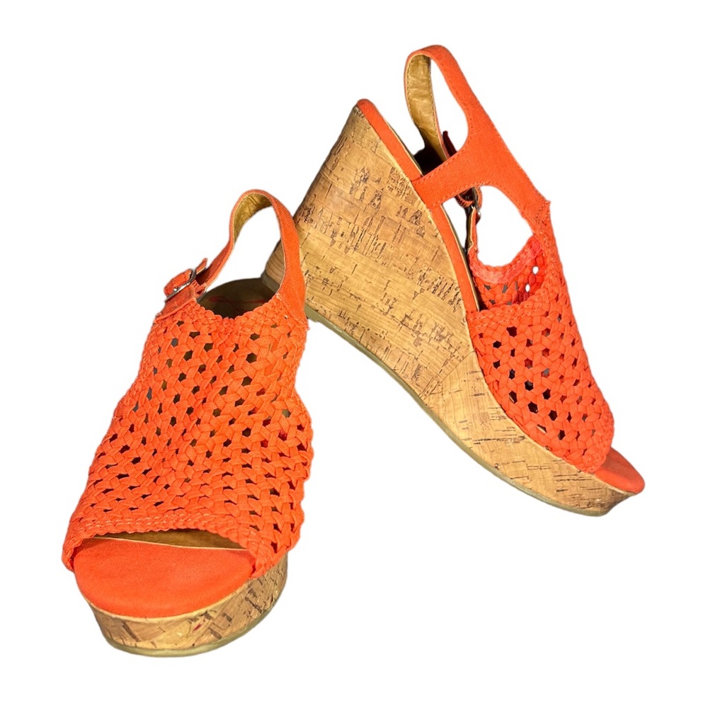 Jellypop Orange fabric cork wedge heels. Size 9.